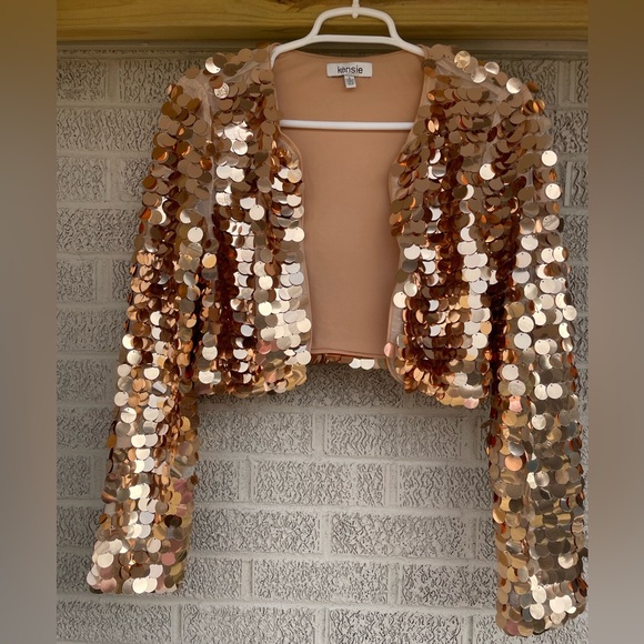 NWT gold spangle cropped bolero sequin long sleeve short jacket KENSIE rose tan - Picture 8 of 8